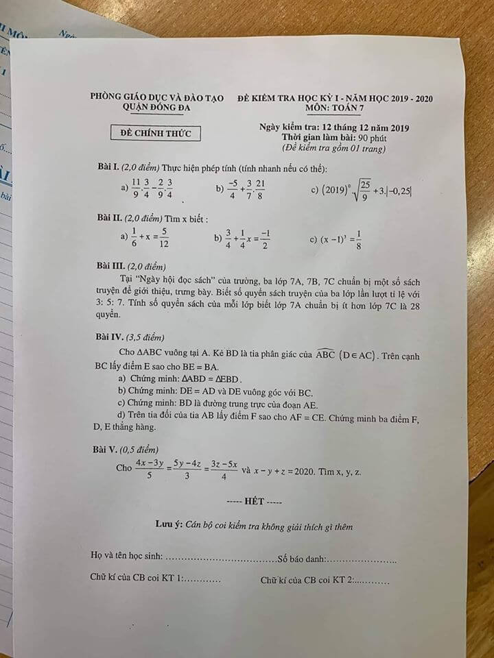 Đề kiểm tra HK1 môn Toán 7 quận Đống Đa 2019-2020 có đáp án