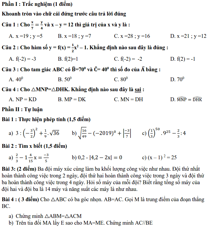 Đề kiểm tra HK1 môn Toán 7 THCS Nguyễn Trãi 2019-2020