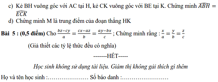 Đề kiểm tra HK1 môn Toán 7 THCS Nguyễn Trãi 2019-2020