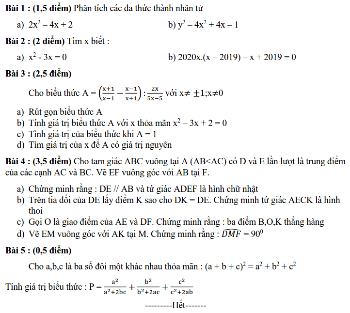 Đề kiểm tra HK1 môn Toán 8 THCS Lê Hồng Phong 2019-2020