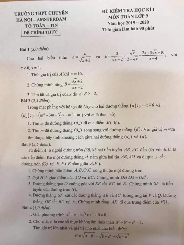 Đề kiểm tra HK1 môn Toán 9 THPT chuyên Hà Nội – Amsterdam 2019-2020