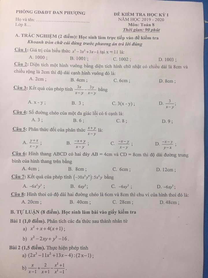 Đề kiểm tra HK1 môn Toán 8 huyện Đan Phượng 2019-2020 có đáp án