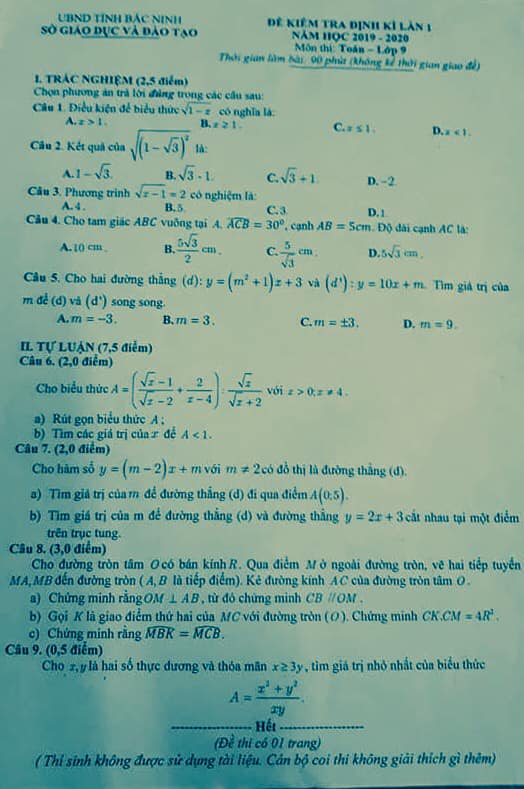 Đề kiểm tra định kì lần 1 Toán 9 tỉnh Bắc Ninh 2019-2020 có đáp án