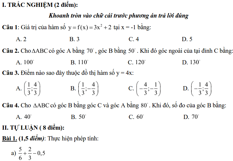 Đề kiểm tra HK1 môn Toán 7 huyện Thạch Thất 2018-2019