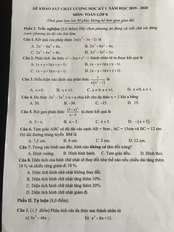 Đề kiểm tra HK1 môn Toán 8 tỉnh Nam Định năm 2019-2020
