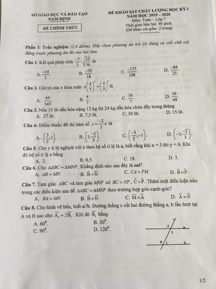 Đề kiểm tra HK1 môn Toán 7 tỉnh Nam Định năm 2019-2020