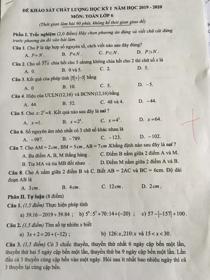 Đề kiểm tra HK1 môn Toán 6 tỉnh Nam Định năm 2019-2020