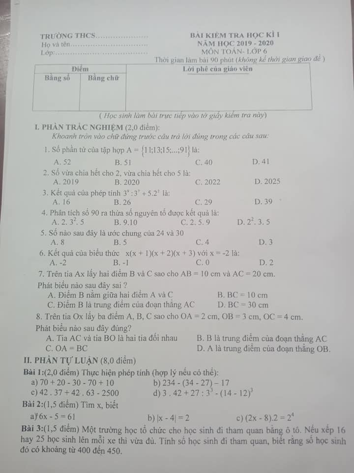 Đề kiểm tra HK1 môn Toán 6 huyện Hoài Đức 2019-2020