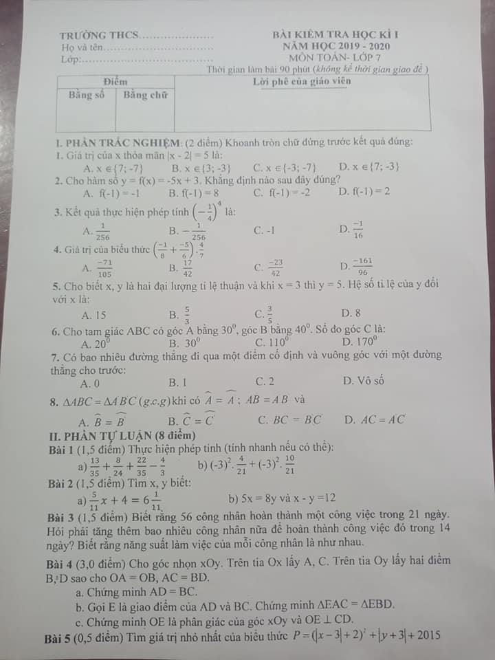 Đề kiểm tra HK1 môn Toán 7 huyện Hoài Đức 2019-2020