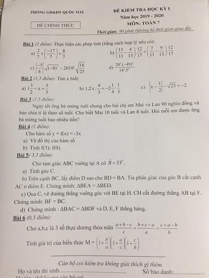 Đề kiểm tra HK1 môn Toán 7 huyện Quốc Oai 2019-2020