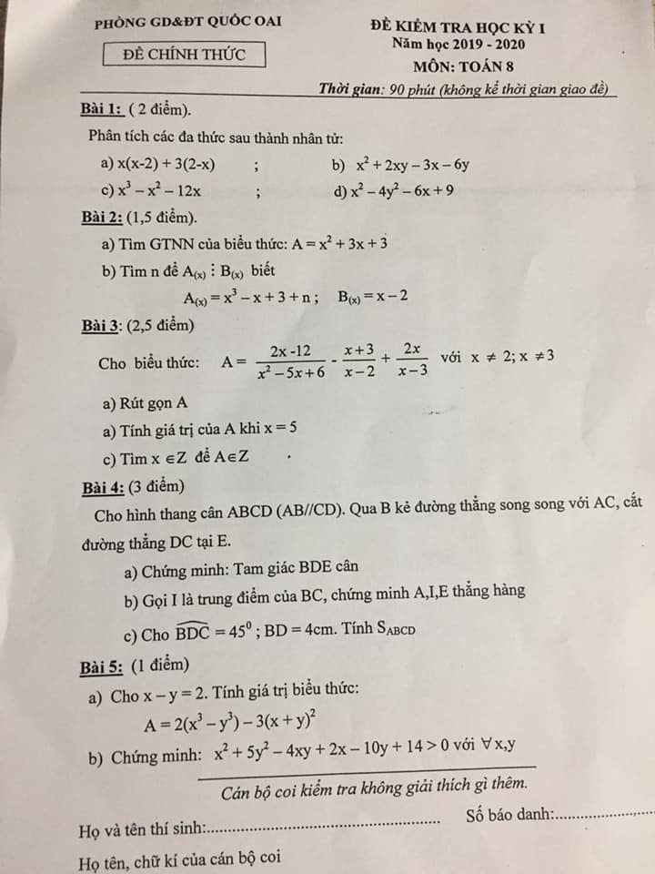 Đề kiểm tra HK1 môn Toán 8 huyện Quốc Oai 2019-2020