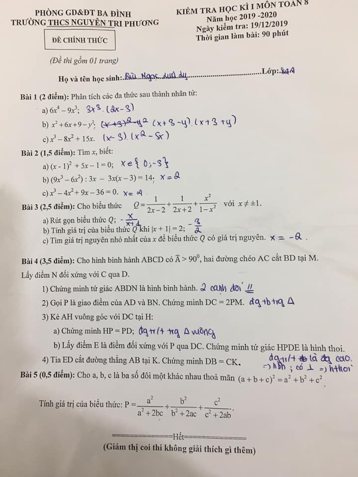 Đề kiểm tra HK1 môn Toán 8 THCS Nguyễn Tri Phương 2019-2020