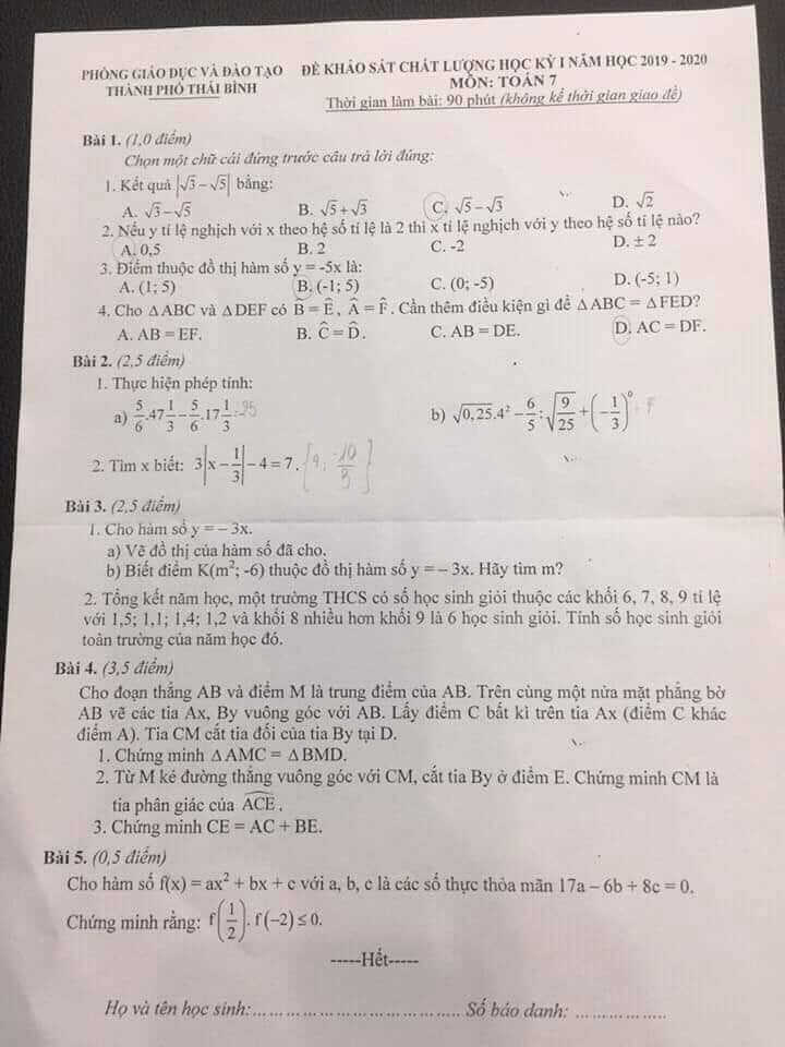 Đề khảo sát chất lượng HK1 môn Toán 7 TP Thái Bình 2019-2020