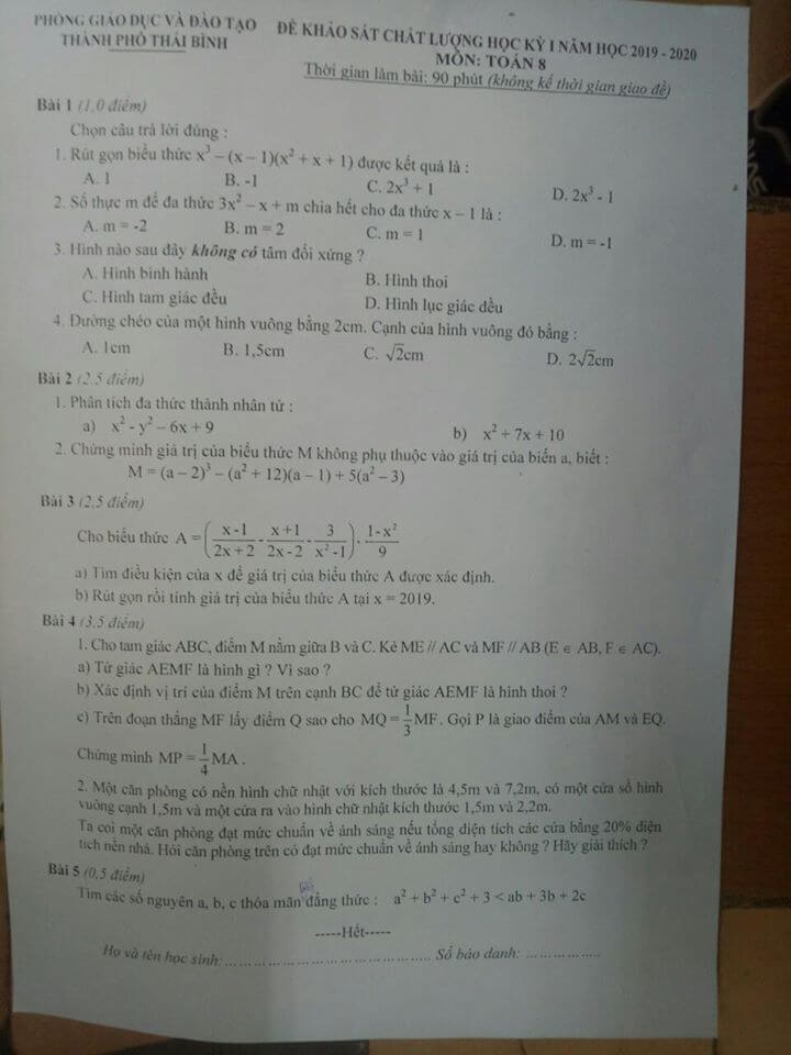 Đề khảo sát chất lượng HK1 môn Toán 8 TP Thái Bình 2019-2020