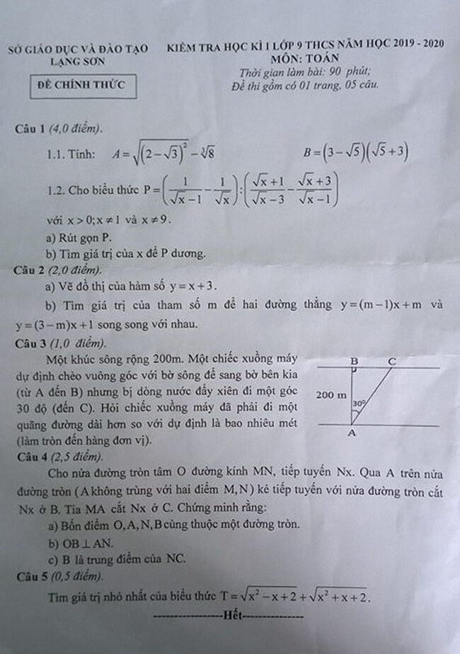 Đề kiểm tra HK1 môn Toán 9 tỉnh Lạng Sơn 2019-2020
