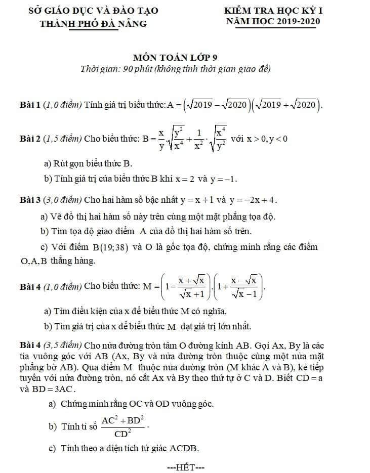 Đề kiểm tra HK1 môn Toán 9 TP Đà Nẵng 2019-2020 có đáp án