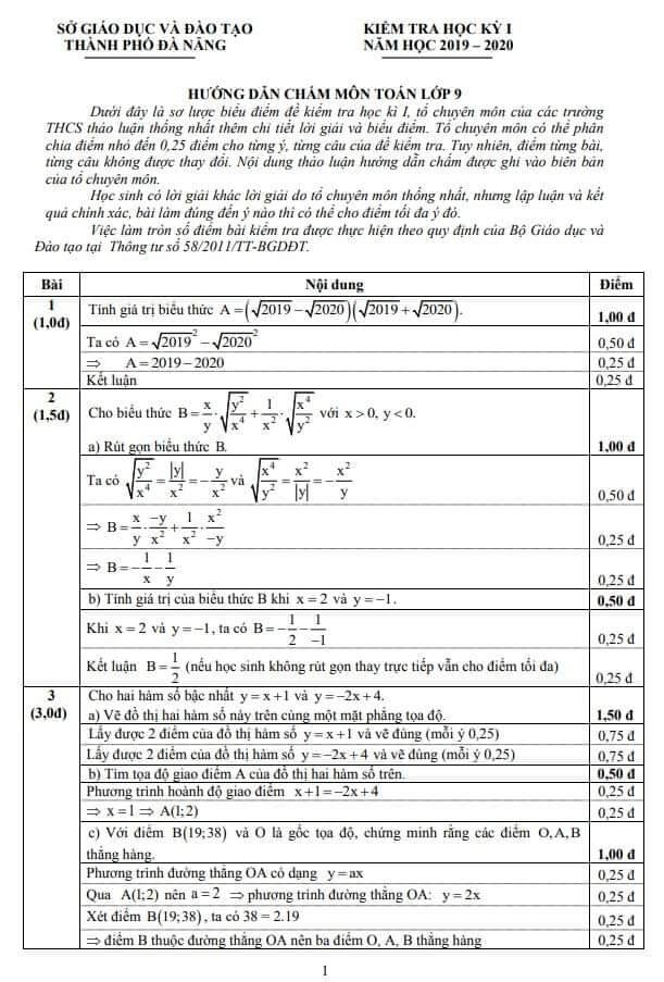 Đề kiểm tra HK1 môn Toán 9 TP Đà Nẵng 2019-2020 có đáp án