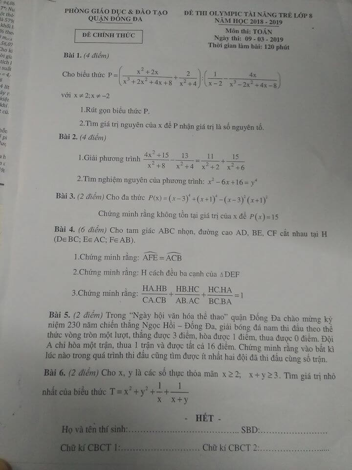 Đề thi Olympic tài năng trẻ lớp 8 môn Toán quận Đống Đa 2018-2019