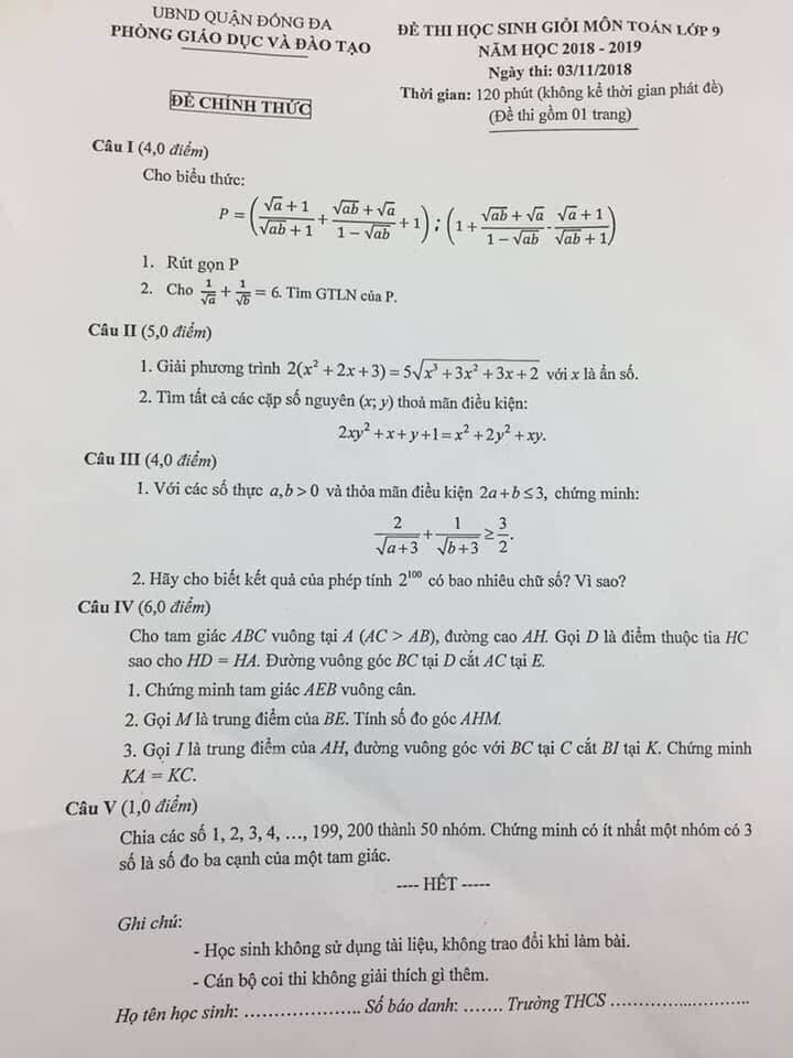 Đề thi HSG Toán 9 quận Đống Đa 2018-2019