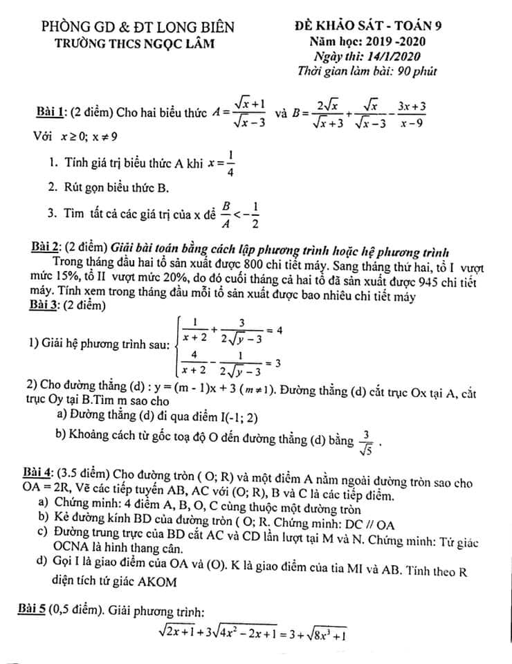 Đề khảo sát Toán 9 THCS Ngọc Lâm tháng 1 năm 2020