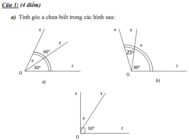 Đề kiểm tra 1 tiết chương 2 – Góc – Hình học 6 có đáp án