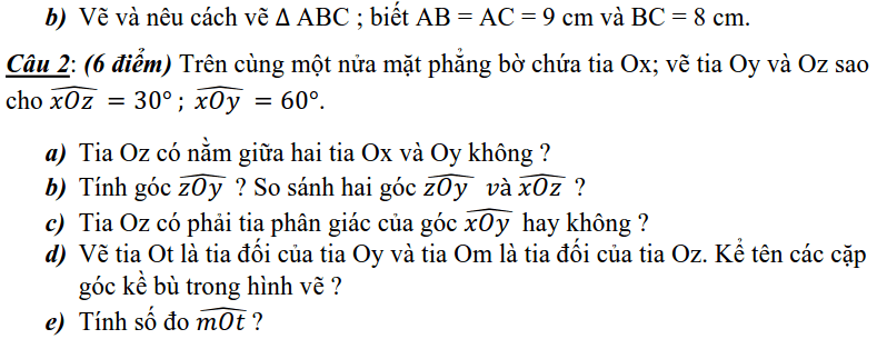 Đề kiểm tra 1 tiết chương 2 – Góc – Hình học 6 có đáp án