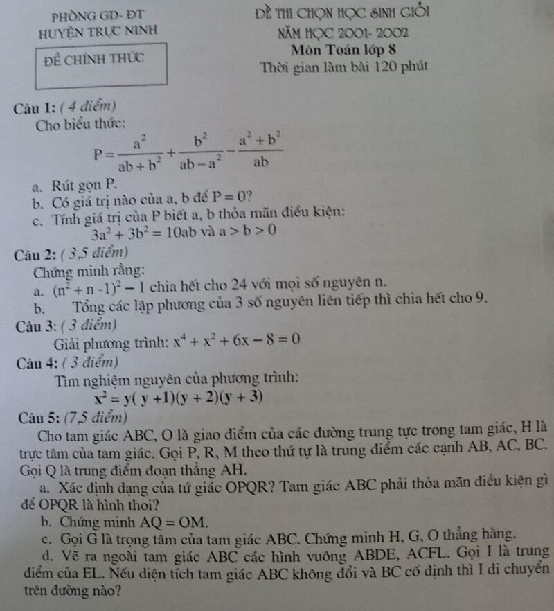 Đề thi HSG Toán 8 huyện Trực Ninh 2001-2002