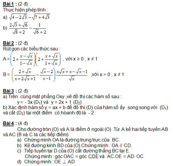 Đề kiểm tra học kì 1 Toán 9 năm 2009-2010