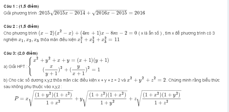 Đề thi Toán vào lớp 10 quốc học Huế năm học 2015-2016