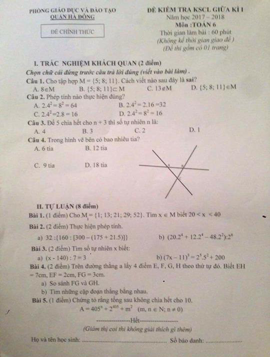 Đề kiểm tra KSCL giữa kì 1 Toán 6 quận Hà Đông 2017-2018