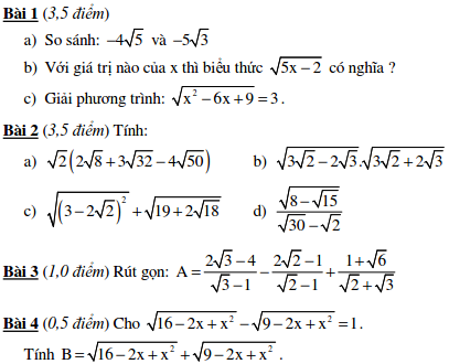 10 Đề kiểm tra Đại số 9 chương 1