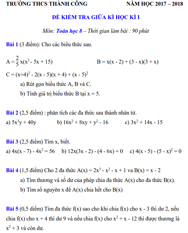 Đề kiểm tra giữa học kì 1 môn Toán THCS Thành Công 2017 – 2018