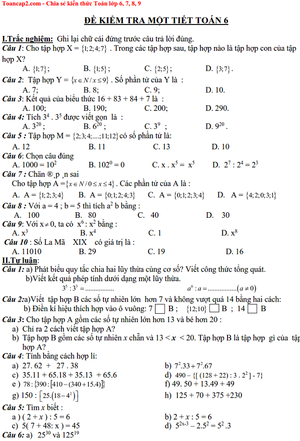 Đề kiểm tra một tiết Toán 6 trắc nghiệm và tự luận Số học