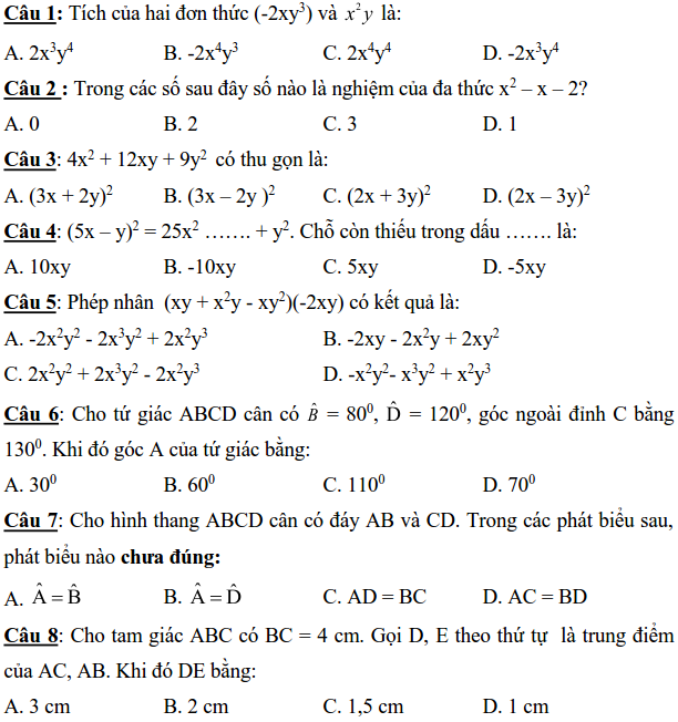 Đề thi KSCL đầu năm Toán 8 THCS Cao Viên 2016 – 2017