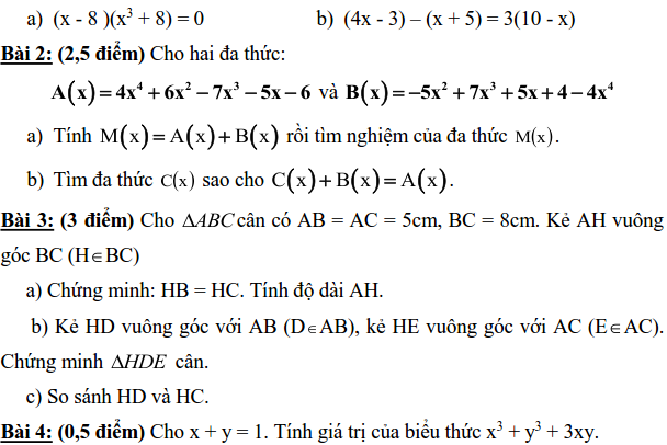 Đề thi KSCL đầu năm Toán 8 THCS Cao Viên 2016 – 2017