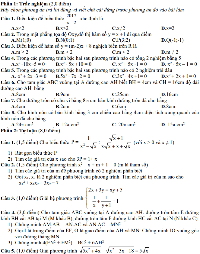 Đề thi tuyển sinh vào 10 môn Toán tỉnh Nam Định 2017 – 2018 có lời giải