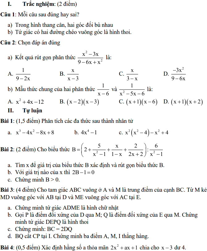 Đề thi học kì 1 môn Toán 8 THCS Nguyễn Trường Tộ năm học 2016 – 2017