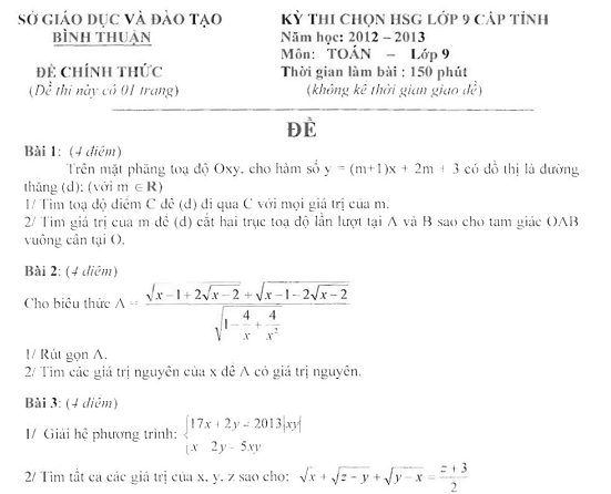 Đề thi HSG môn Toán lớp 9 tỉnh Bình Thuận năm học 2012-2013