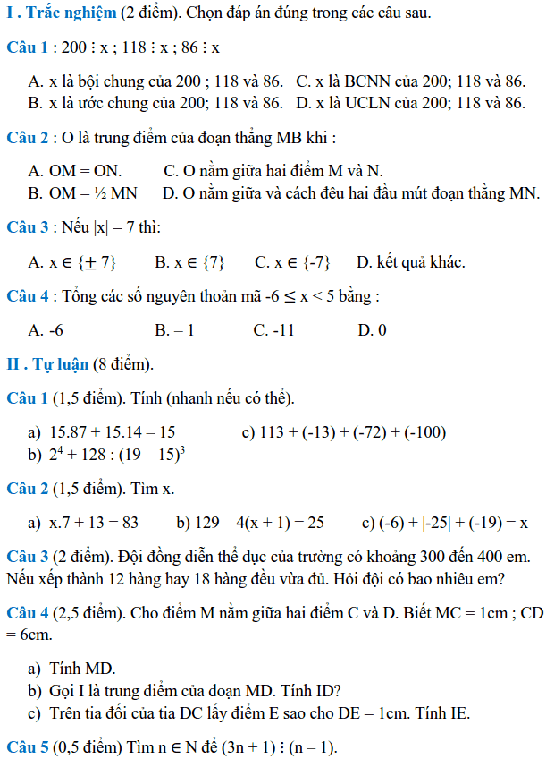 Đề thi học kì 1 Toán 6 THCS Cát Linh – Đống Đa năm học 2013 – 2014