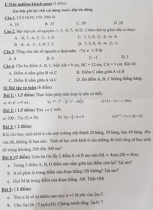 Đề kiểm tra học kì 1 môn Toán 6 THCS Nghĩa Tân năm 2017 – 2018