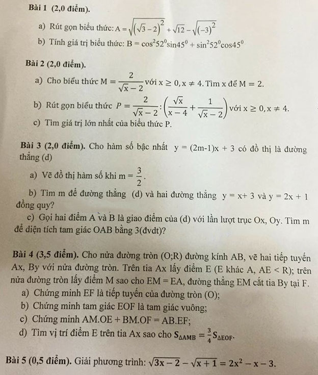 Đề kiểm tra học kì 1 môn Toán 9 quận Ba Đình năm 2017 – 2018