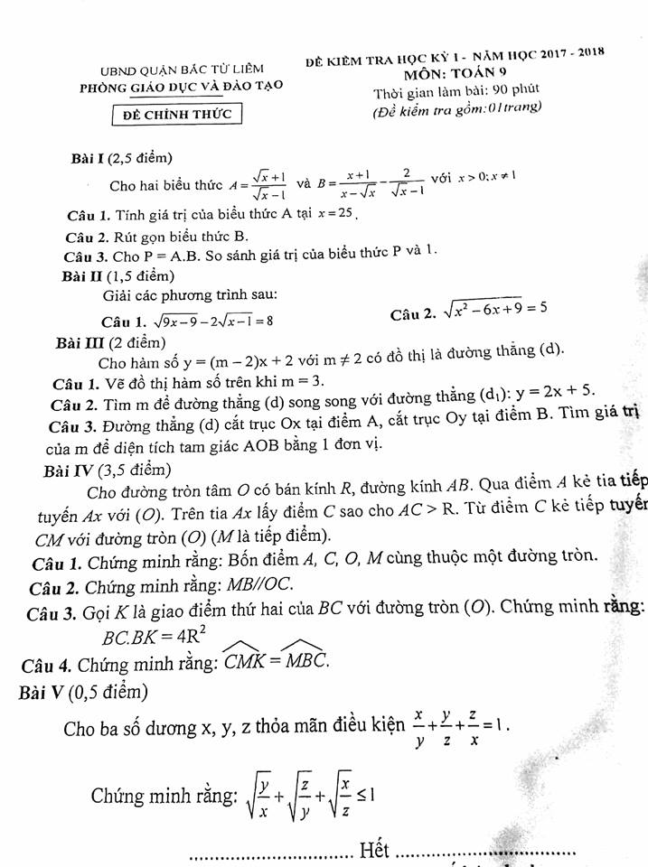 Đề kiểm tra học kì 1 môn Toán 9 quận Bắc Từ Liêm năm 2017 – 2018