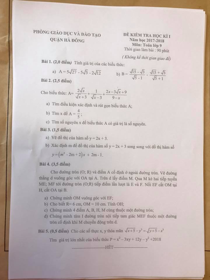 Đề kiểm tra học kì 1 môn Toán 9 quận Hà Đông năm 2017 – 2018