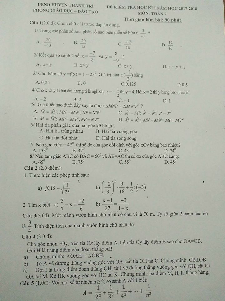 Đề kiểm tra học kì 1 môn Toán 7 huyện Thanh Trì năm học 2017 – 2018