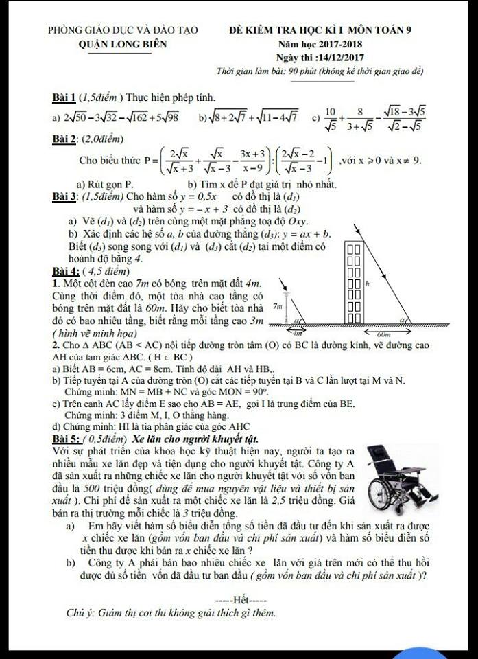 Đề kiểm tra học kì 1 môn Toán 9 quận Long Biên năm học 2017 – 2018