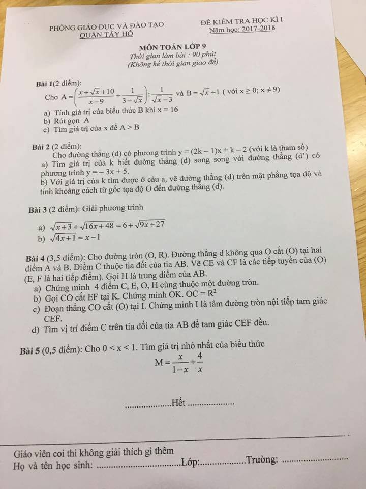 Đề kiểm tra học kì 1 môn Toán 9 quận Tây Hồ năm học 2017 – 2018