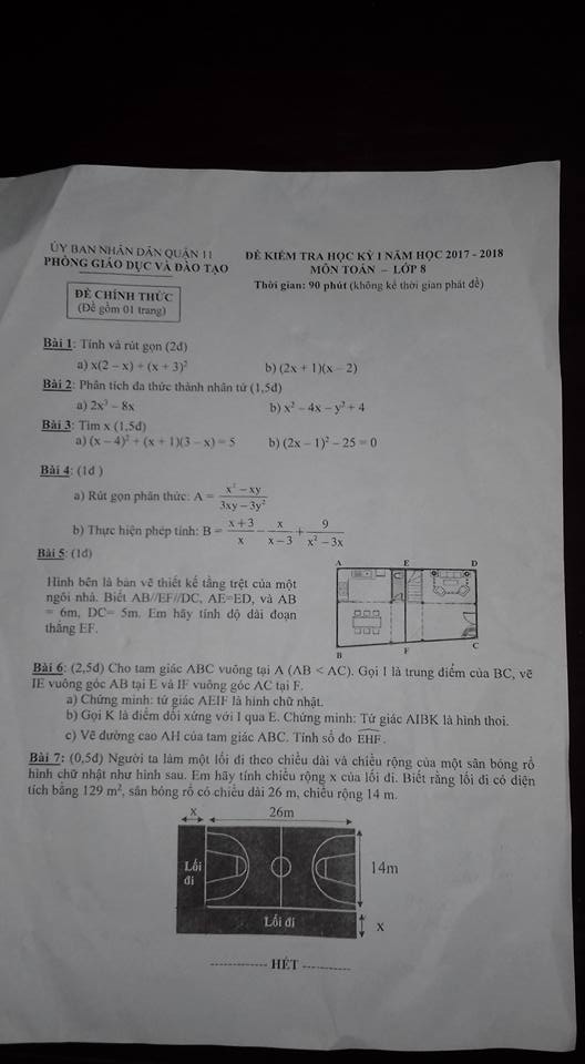 Đề kiểm tra học kì 1 môn Toán 8 quận 11 năm học 2017 – 2018