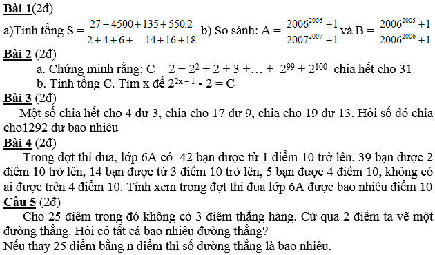 Đề thi học sinh giỏi Toán 6 số 4