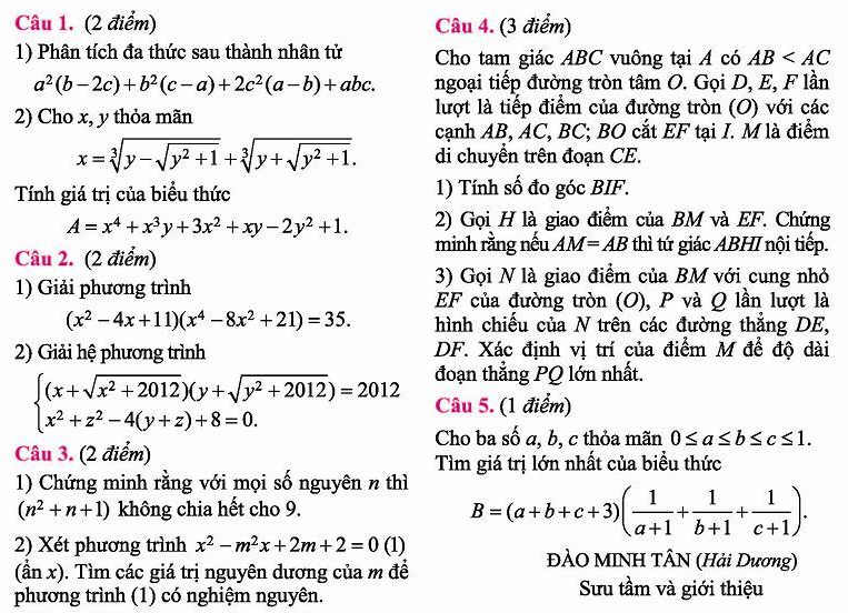 Đề thi tuyển sinh vào 10 môn Toán THPT chuyên Nguyễn Trãi Hải Dương 2012-2013