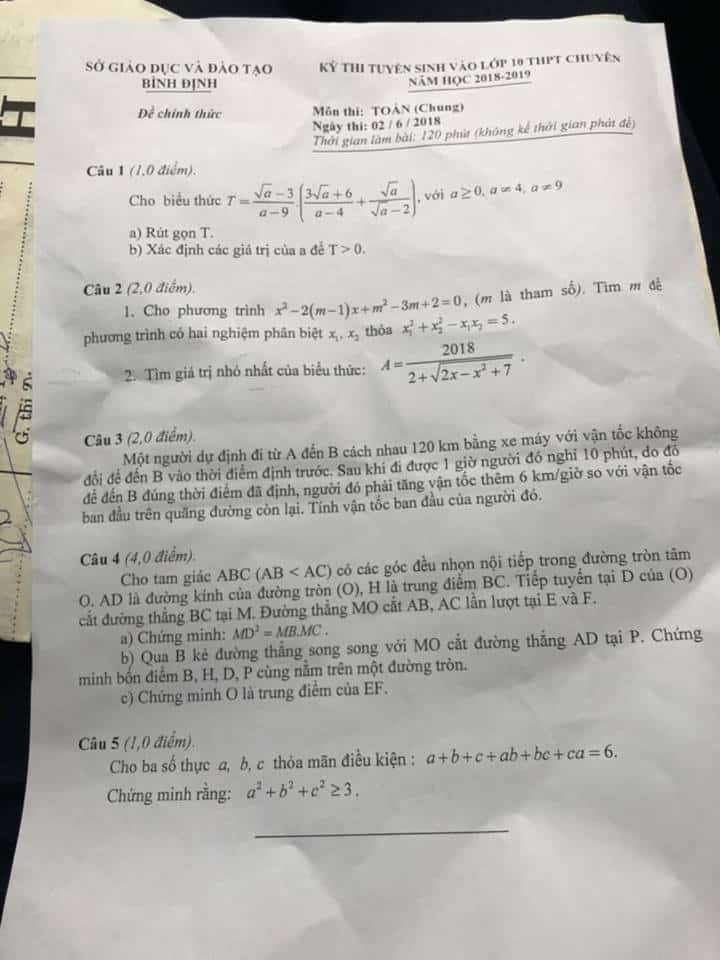 Đề thi vào 10 môn Toán chuyên Lê Quý Đôn – Bình Định 2018